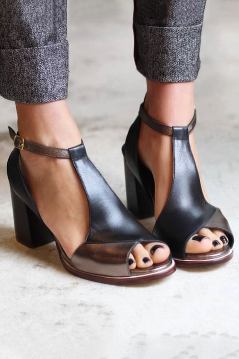 Anyao™ Black Patchwork Open-Toe Heeled Sandals