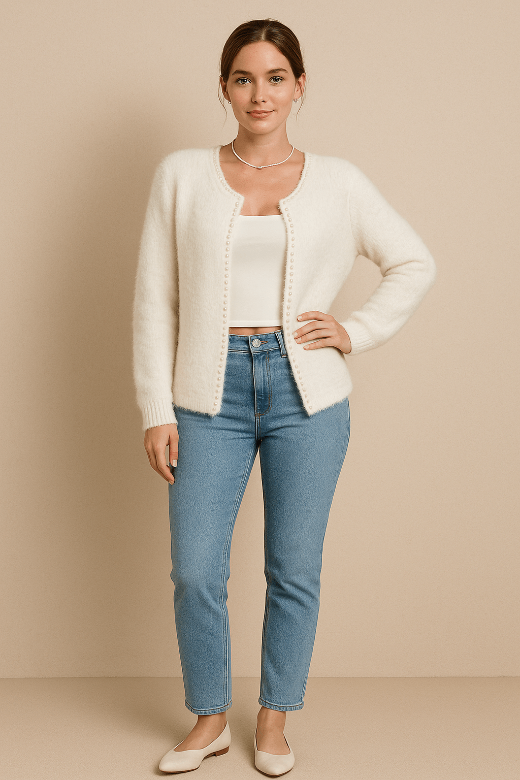 Ailish – Women’s Soft Knit V-Neck Cardigan with Pearl Trim
