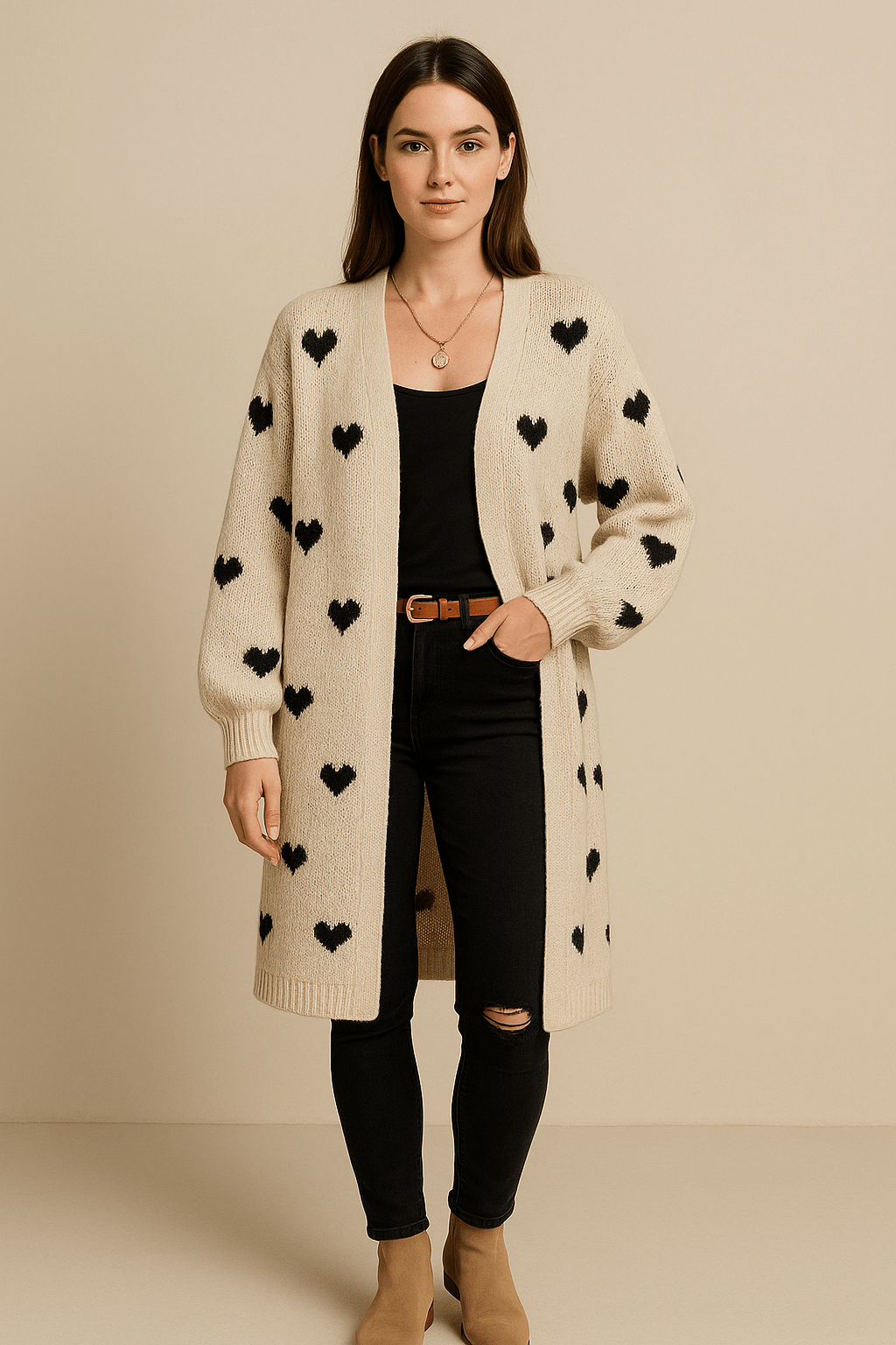 Alora – Women’s Oversized Wool Knit Cardigan with Heart Pattern