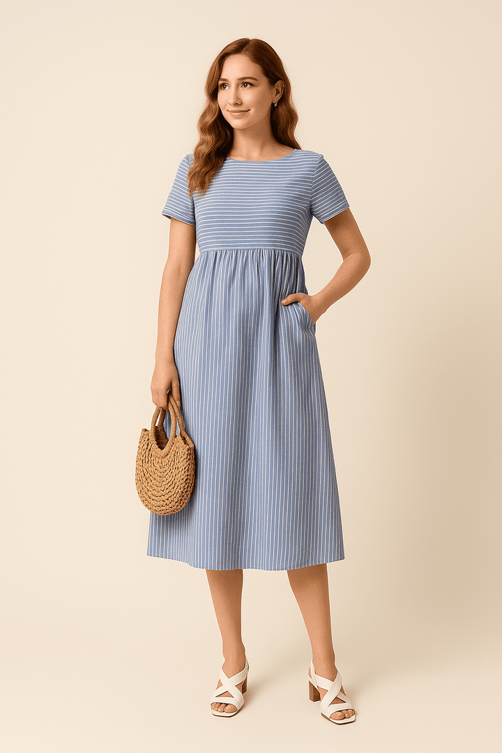 Colleen Midi Nautical Cotton Style Dress with Scoop Neck – Pockets