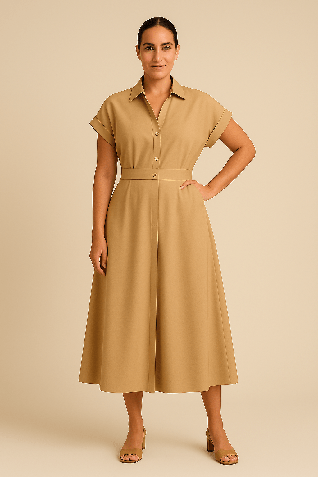 Fiorella – Women’s Midi Shirt Dress with Lapel Collar and Elastic Waist
