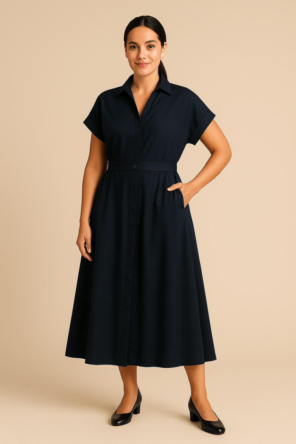 Fiorella – Women’s Midi Shirt Dress with Lapel Collar and Elastic Waist