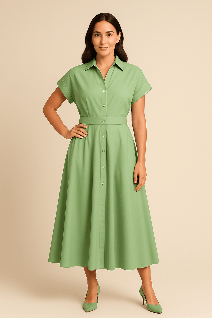 Fiorella – Women’s Midi Shirt Dress with Lapel Collar and Elastic Waist