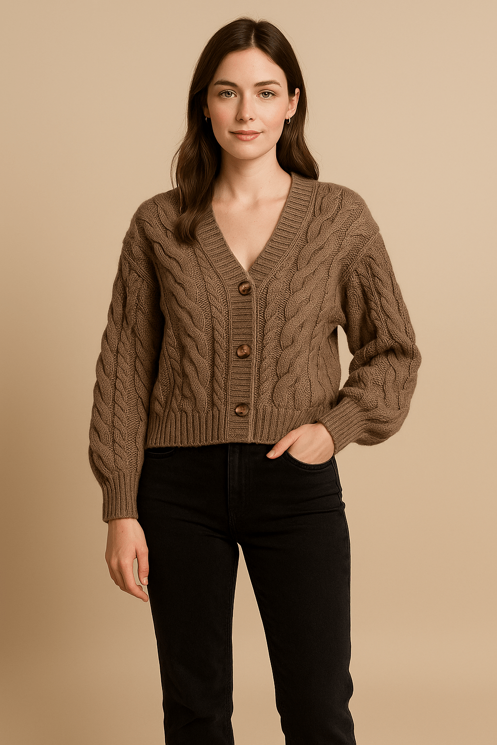 Inka – Women’s Wool Knit Cable Cardigan with V-Neck and Button Front