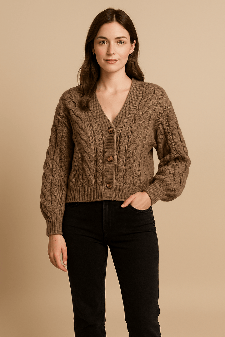 Inka – Women’s Wool Knit Cable Cardigan with V-Neck and Button Front