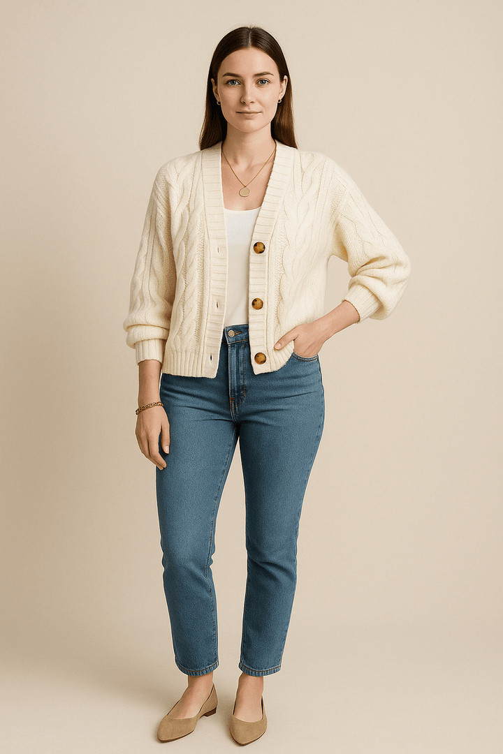 Inka – Women’s Wool Knit Cable Cardigan with V-Neck and Button Front