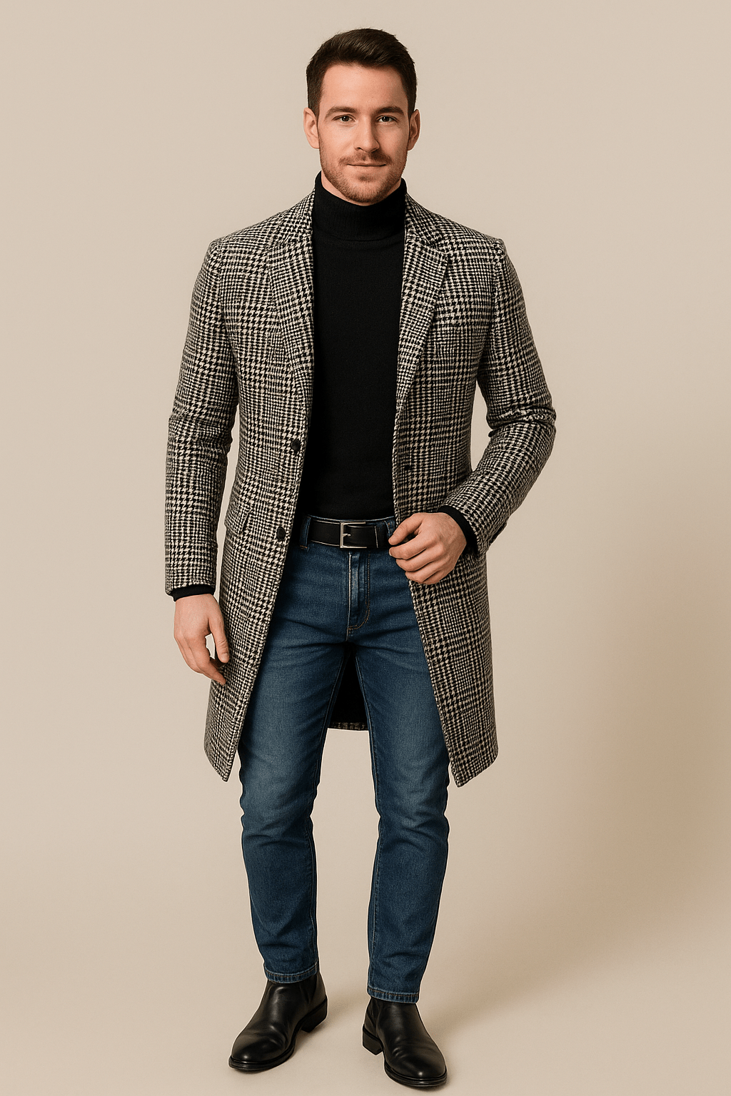 Joakim – Men’s Slim Fit Wool Blend Checkered Trench Coat with Lapel