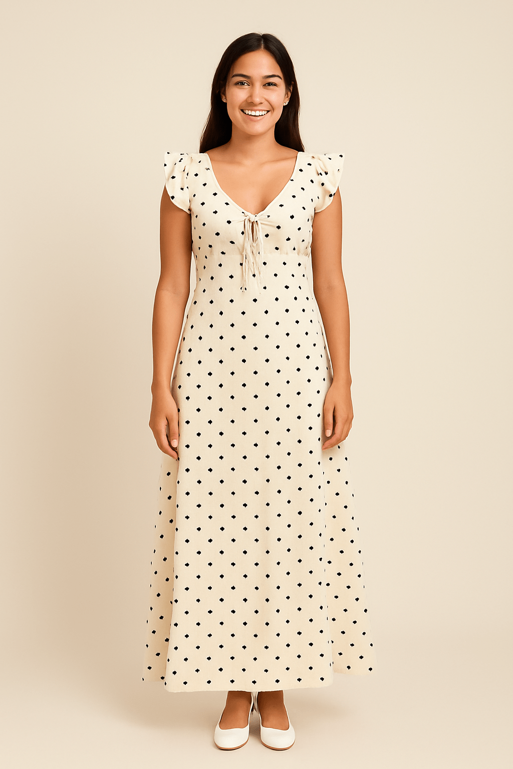 Isla-Rose – Polka Dot Maxi Dress with Ruffle Sleeves and V-Neckline – Summer Elegance