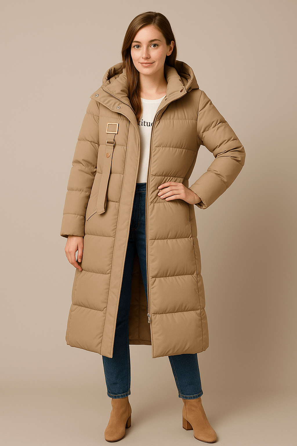 Rhona – Women’s Quilted Oversized Trench Coat with Hood & High Collar