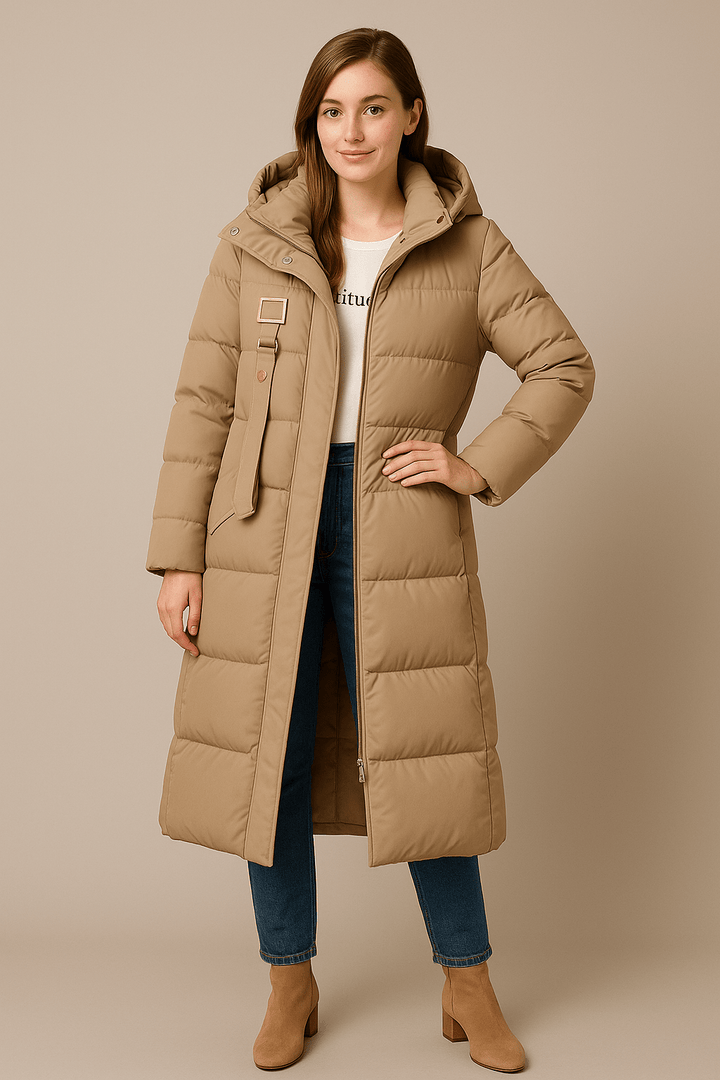Rhona – Women’s Quilted Oversized Trench Coat with Hood & High Collar