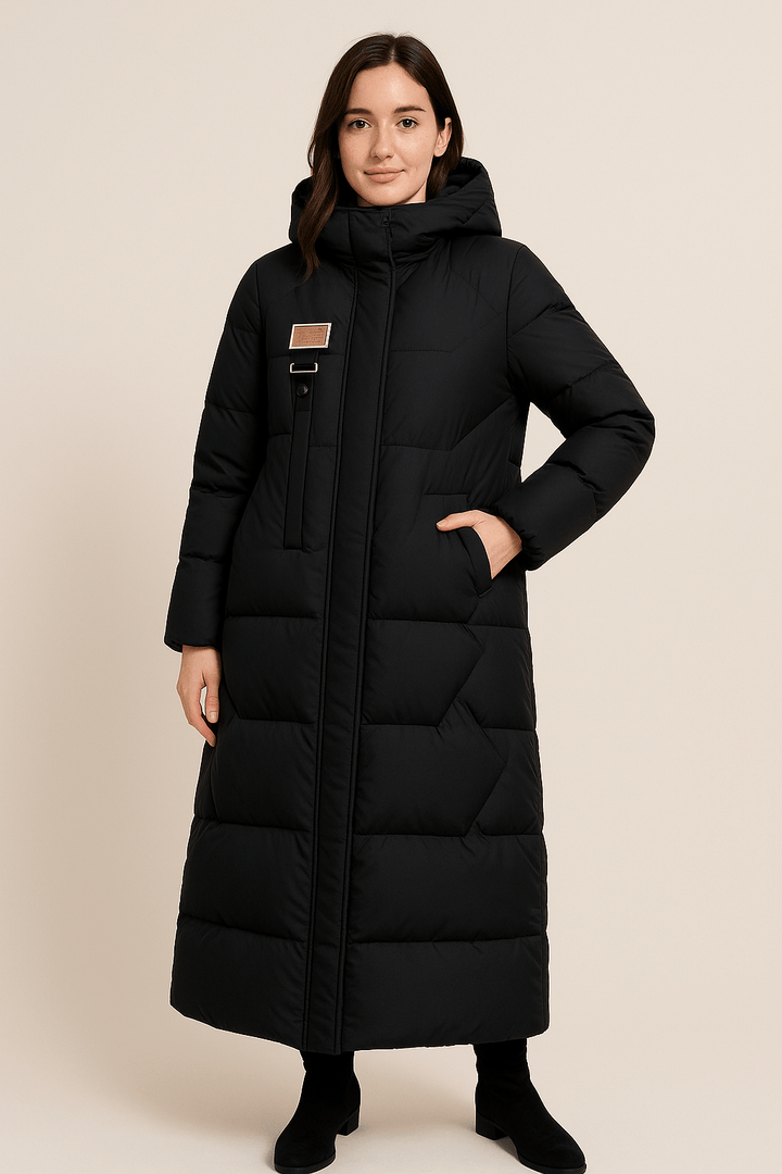 Rhona – Women’s Quilted Oversized Trench Coat with Hood & High Collar