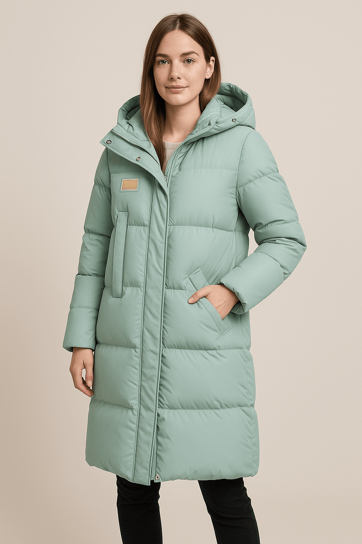 Rhona – Women’s Quilted Oversized Trench Coat with Hood & High Collar