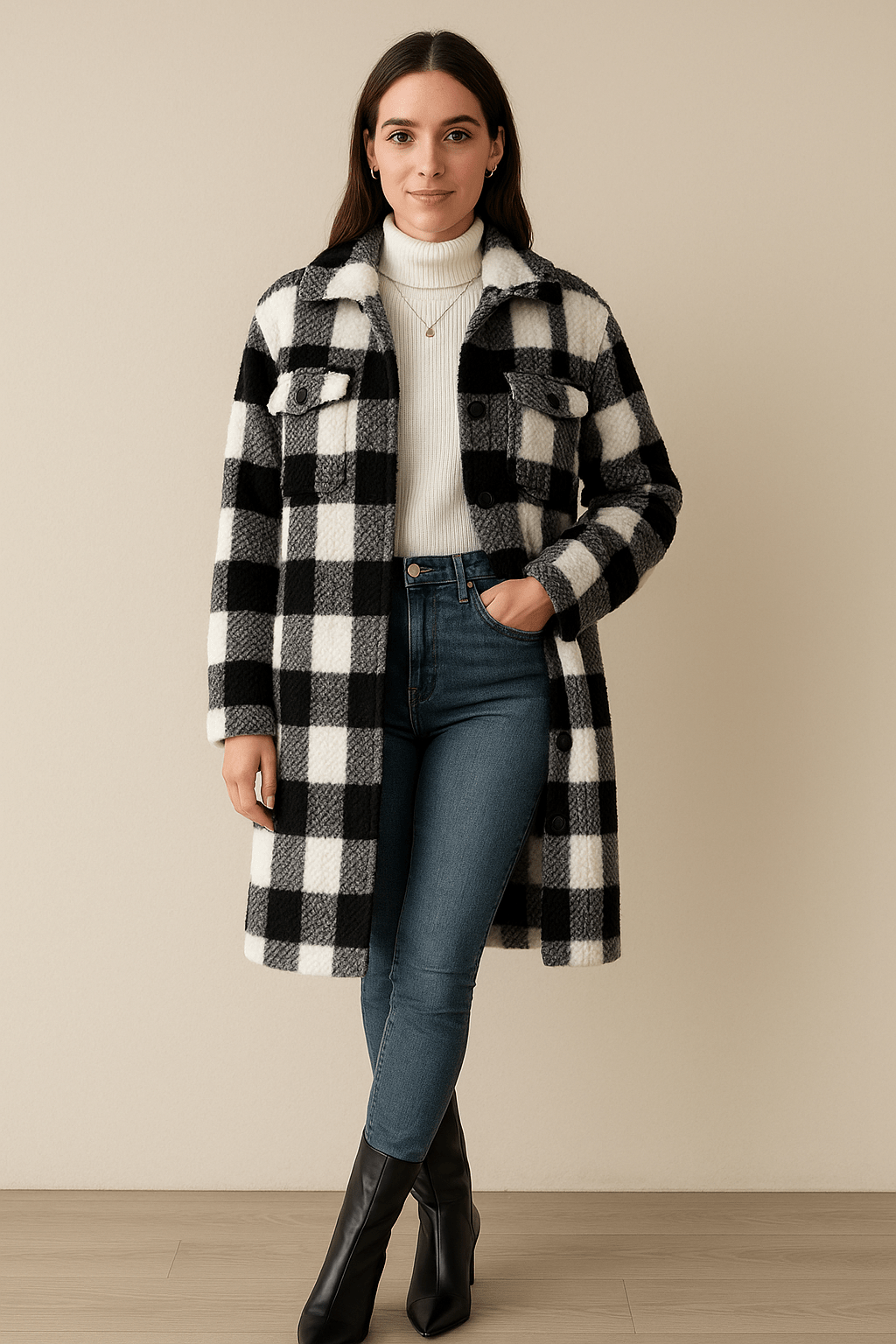 Samira – Women’s Loose Fit Checked Mid-Length Coat – Fall Winter