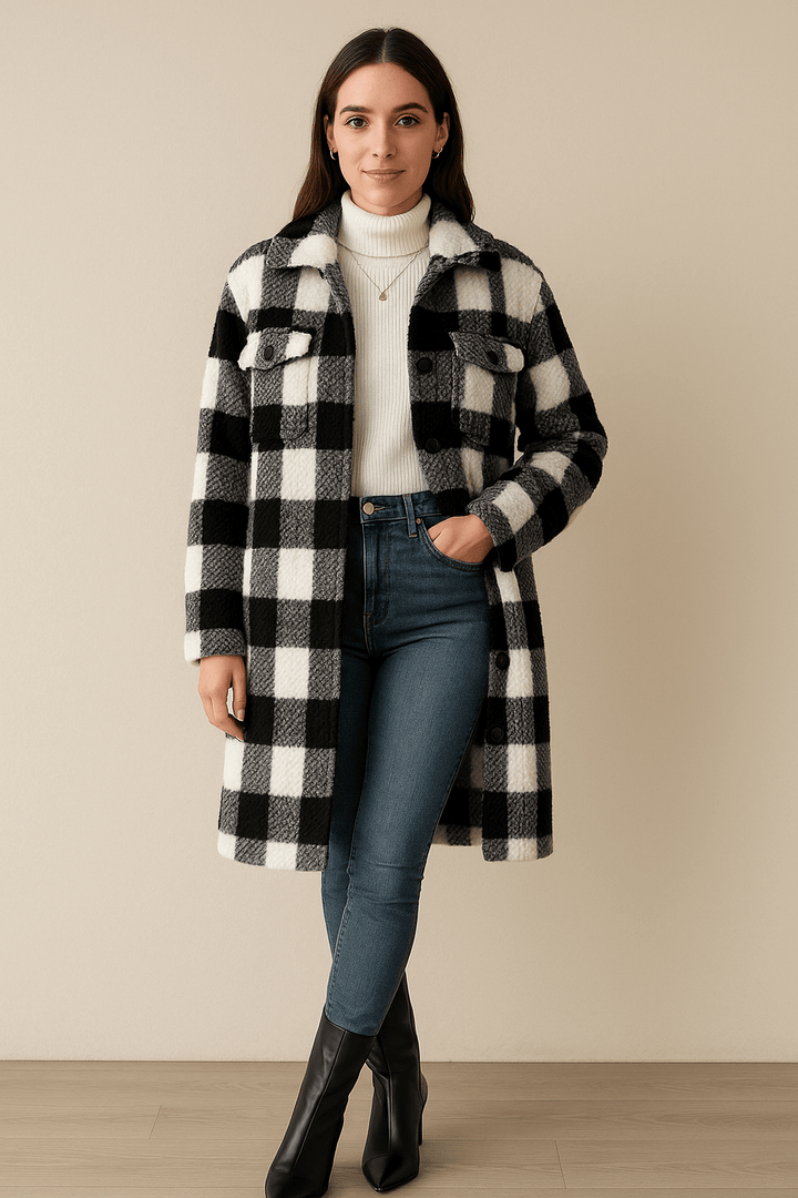 Samira – Women’s Loose Fit Checked Mid-Length Coat – Fall Winter