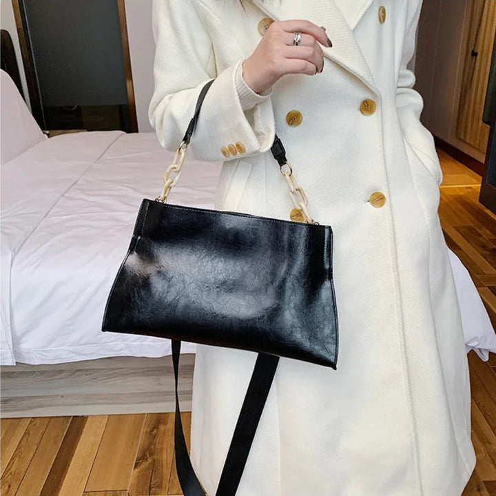 Sigrid Women's Glossy Chain-Link Handbag - PU Leather with Ample Interior Space