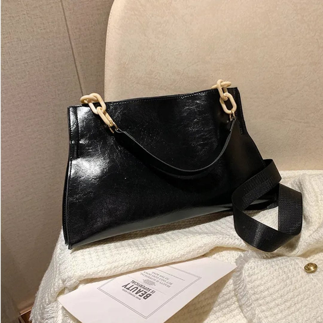 Sigrid Women's Glossy Chain-Link Handbag - PU Leather with Ample Interior Space