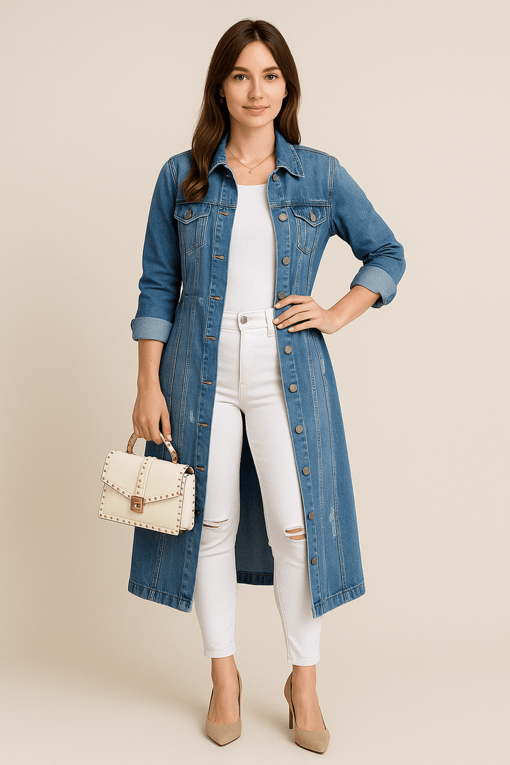 Soraya – Women’s Distressed Denim Trench Coat with Relaxed Fit