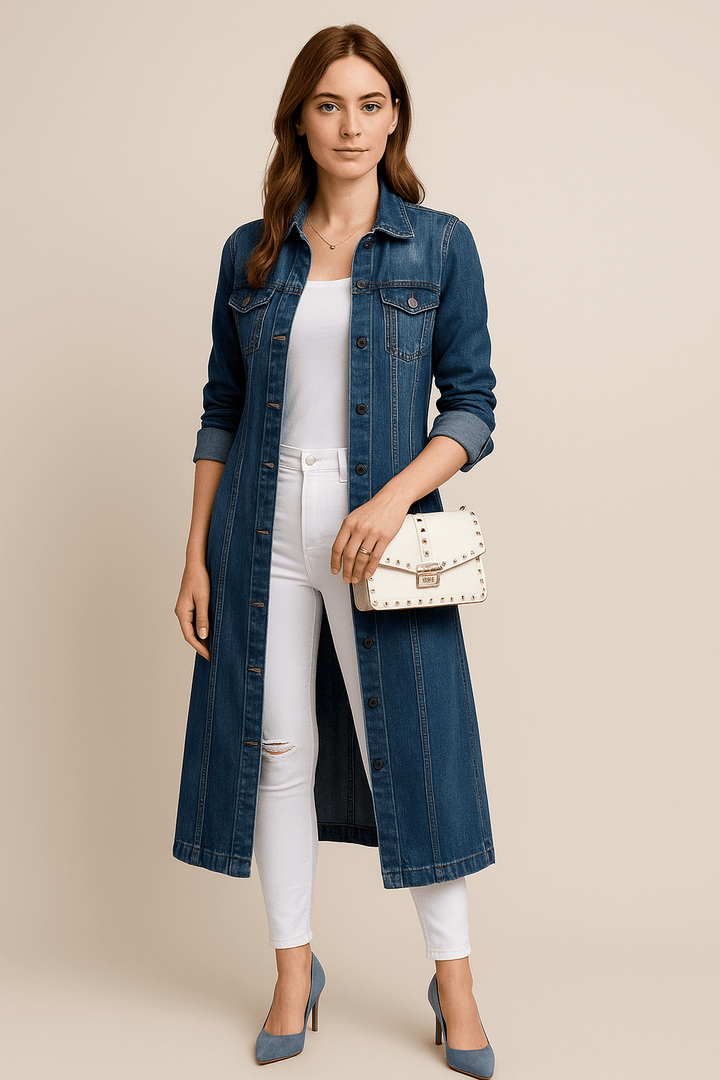 Soraya – Women’s Distressed Denim Trench Coat with Relaxed Fit