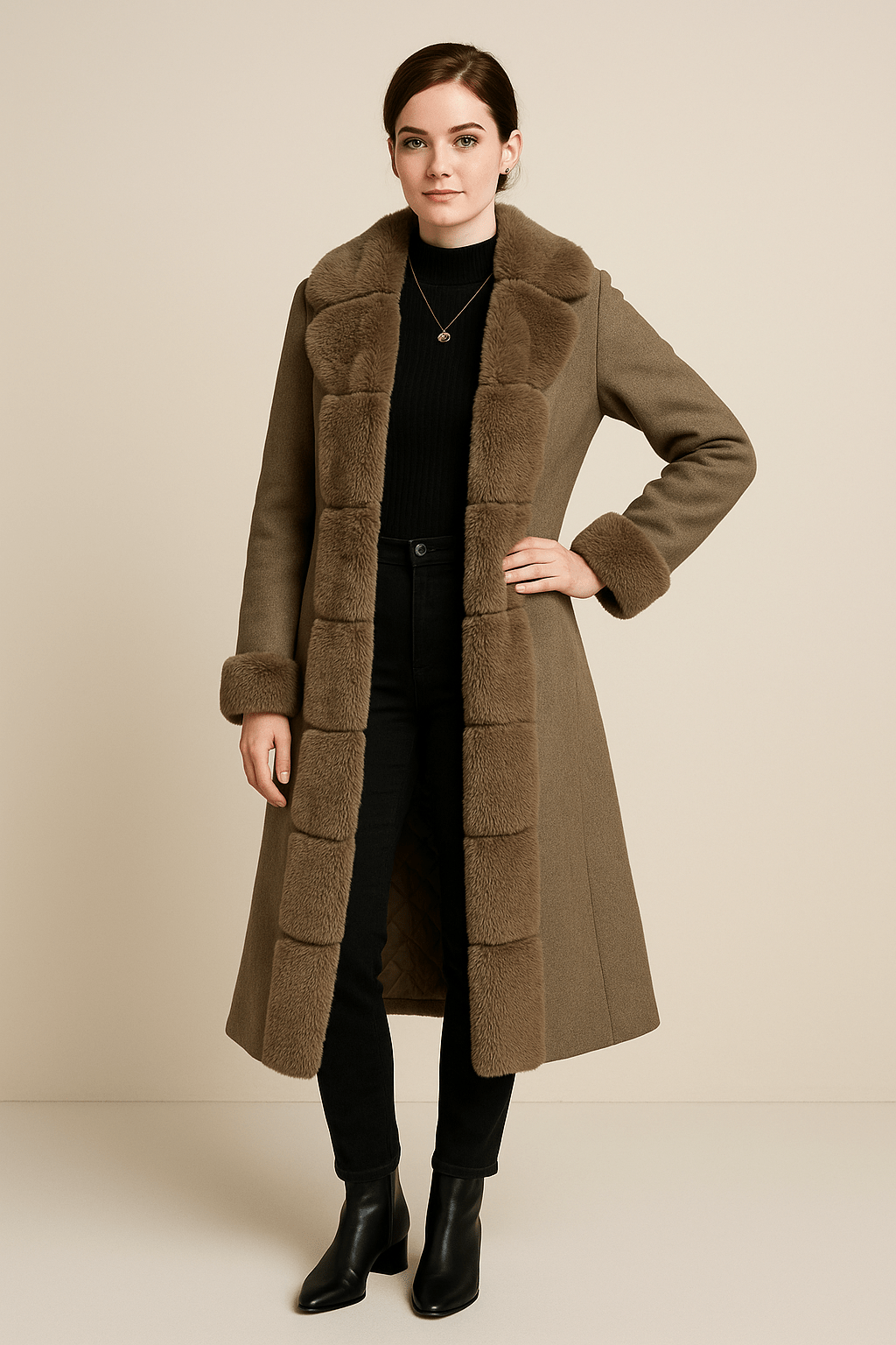 Tiril – Women’s Wool Blend Trench Coat with Faux Fur Trim