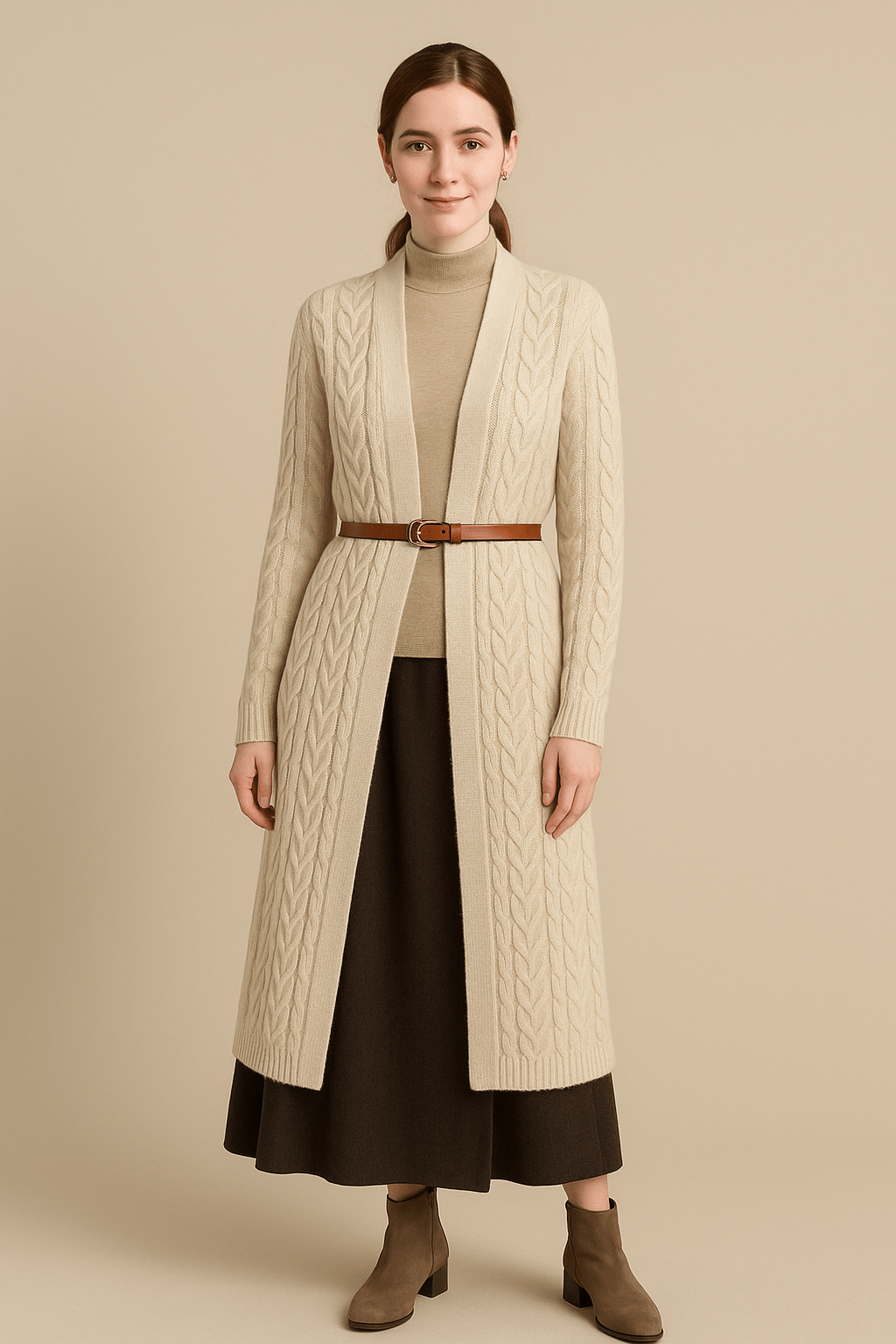 Viivi – Women’s Long Wool Blend Cable Knit Cardigan with Belted Waist