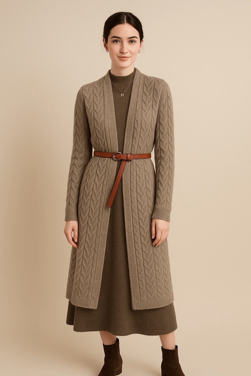 Viivi – Women’s Long Wool Blend Cable Knit Cardigan with Belted Waist