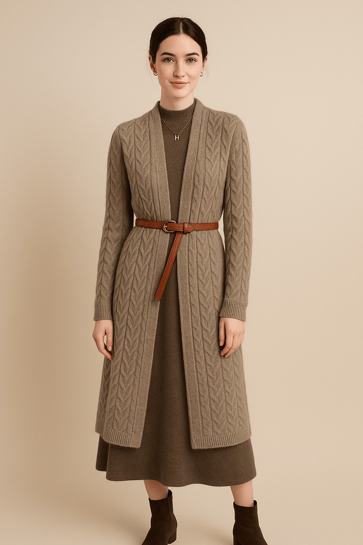 Viivi – Women’s Long Wool Blend Cable Knit Cardigan with Belted Waist