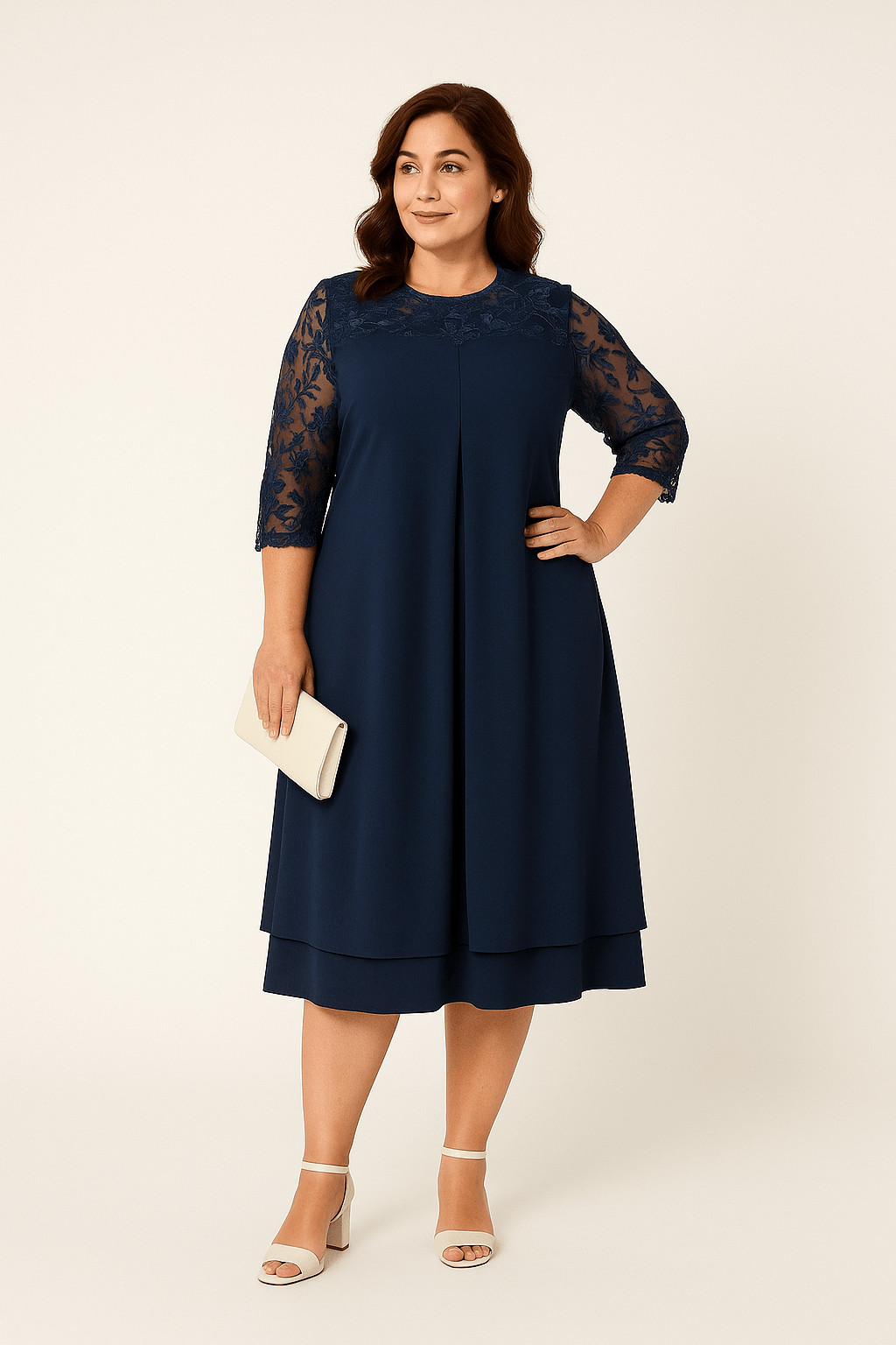 Women's A-Line Dress - Knee Length - Sheer Embroidered Mid Sleeves - Layered Skirt