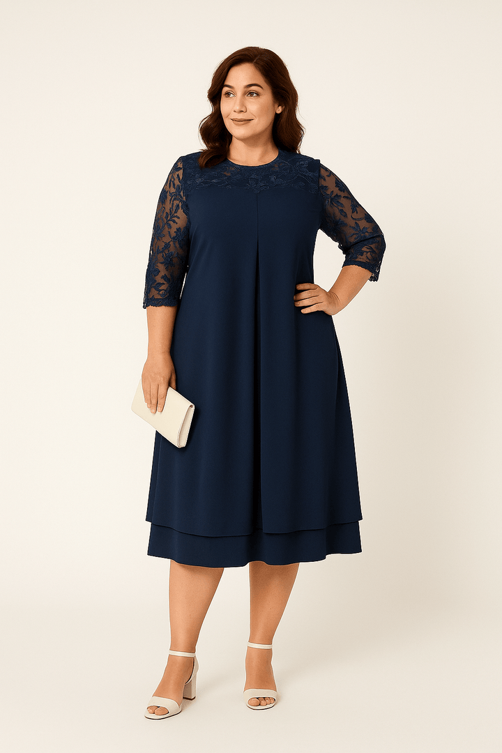 Women's A-Line Dress - Knee Length - Sheer Embroidered Mid Sleeves - Layered Skirt