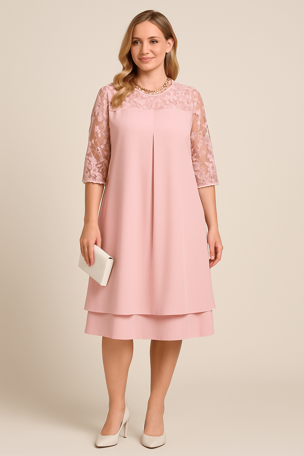 Women's A-Line Dress - Knee Length - Sheer Embroidered Mid Sleeves - Layered Skirt