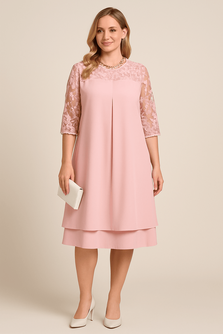 Women's A-Line Dress - Knee Length - Sheer Embroidered Mid Sleeves - Layered Skirt