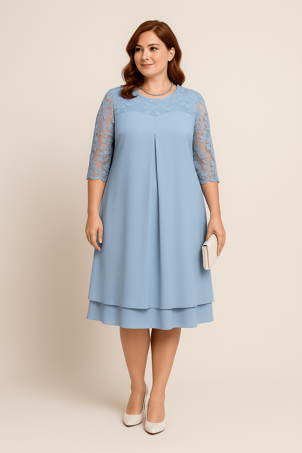 Women's A-Line Dress - Knee Length - Sheer Embroidered Mid Sleeves - Layered Skirt