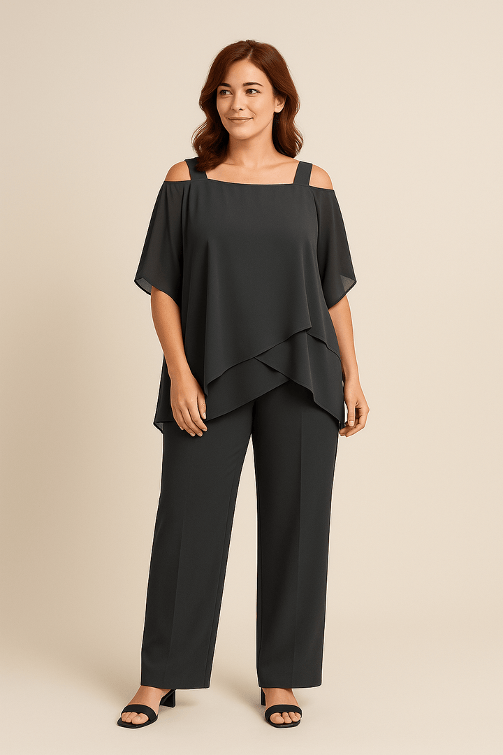 Women's Elegant Cold Shoulder Two-Piece Set – Flowy Fit