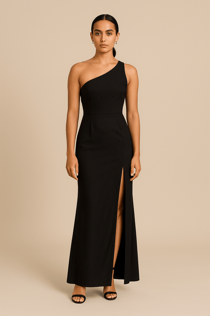 Sorcha – One-Shoulder Satin Dress with High Slit & Tailored Fit