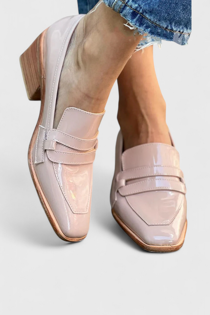 Pink Patent Leather Sasha Square Toe Loafers with High Heel