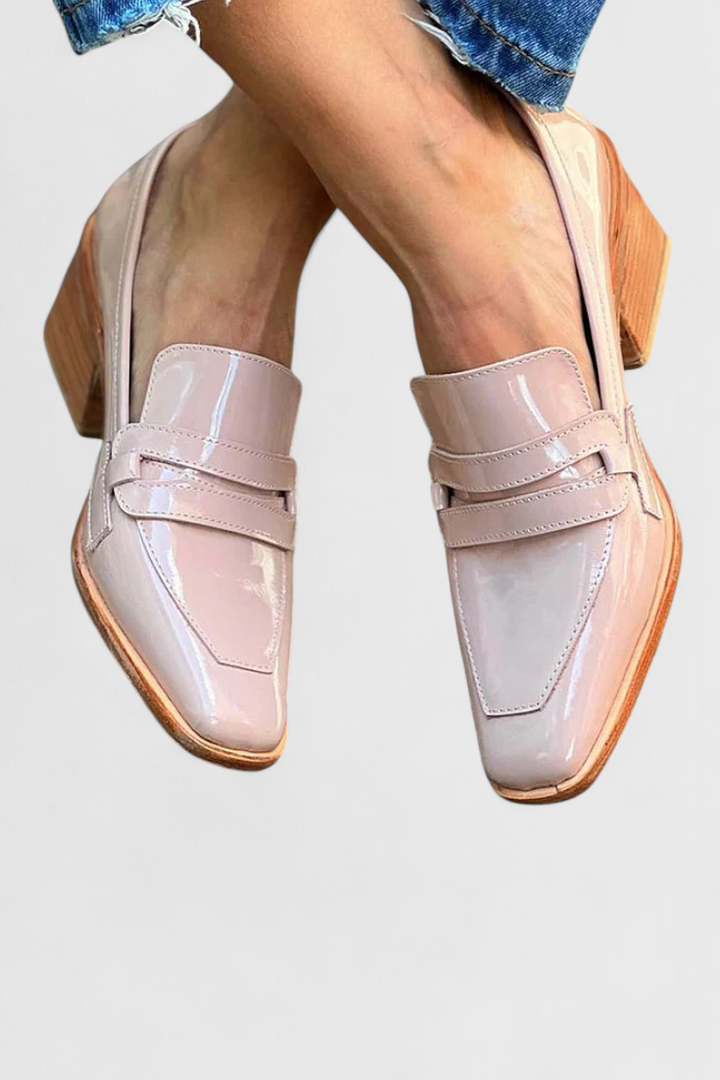 Pink Patent Leather Sasha Square Toe Loafers with High Heel