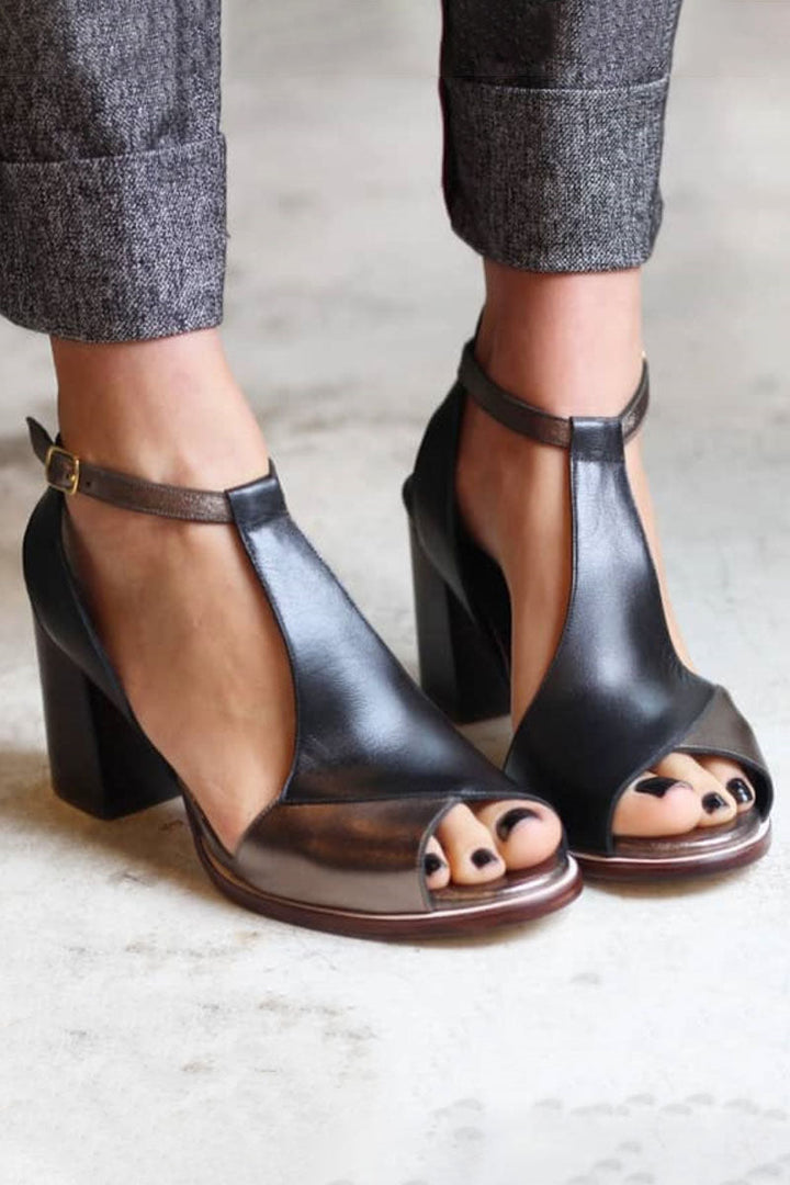 Anyao™ Black Patchwork Open-Toe Heeled Sandals