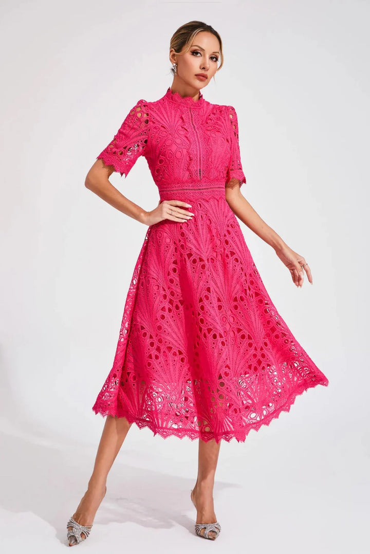 VORELLE - CASUAL FLOWER EMBROIDERY SHORT SLEEVE DRESS