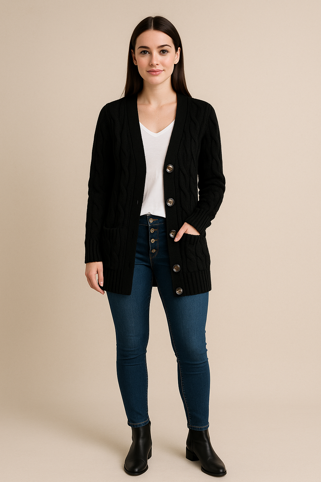 Ailani – Women’s Chunky Cable Knit Wool Blend Cardigan with Button Front