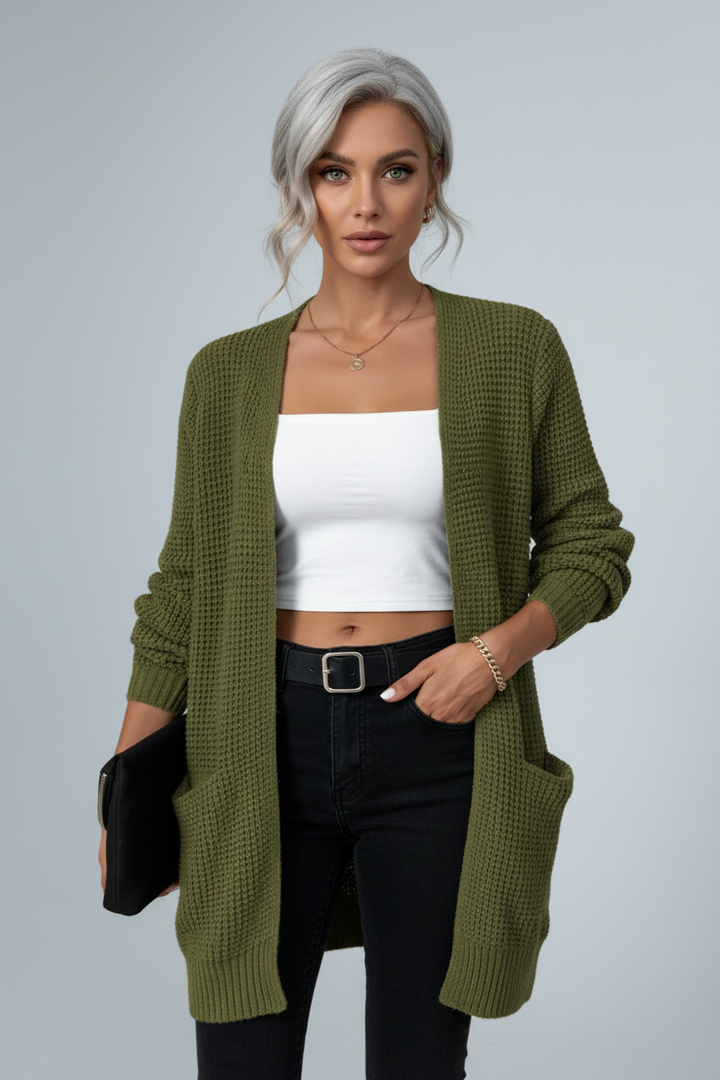 Arlona – Women’s Waffle Knit Open Front Cardigan with Pockets