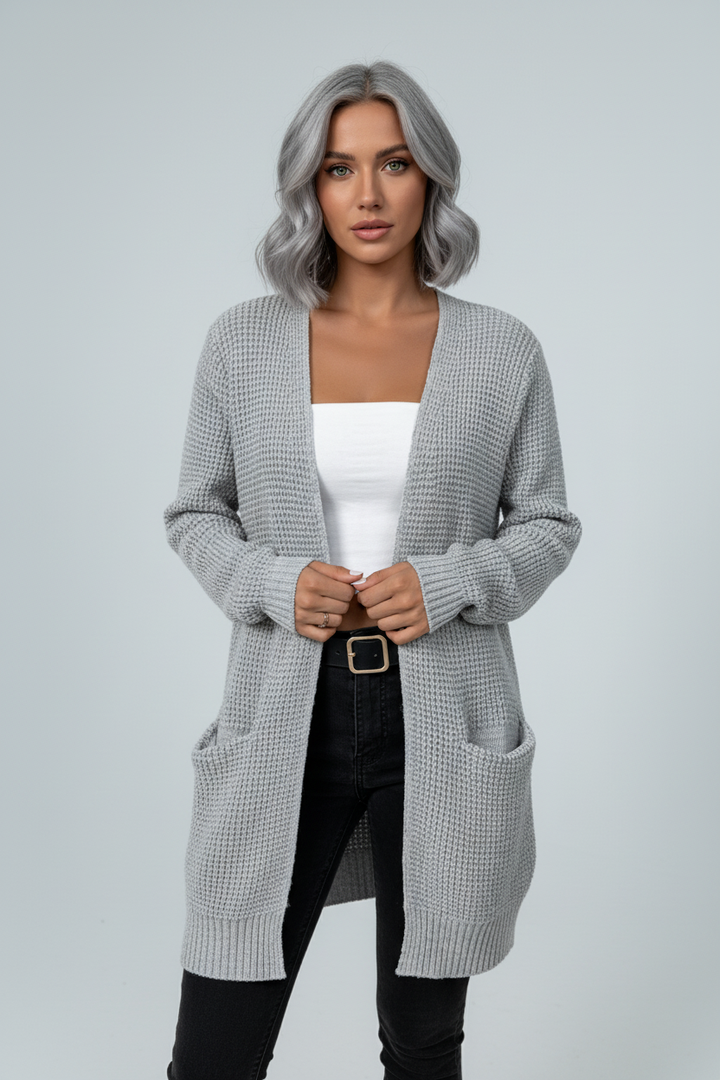 Arlona – Women’s Waffle Knit Open Front Cardigan with Pockets