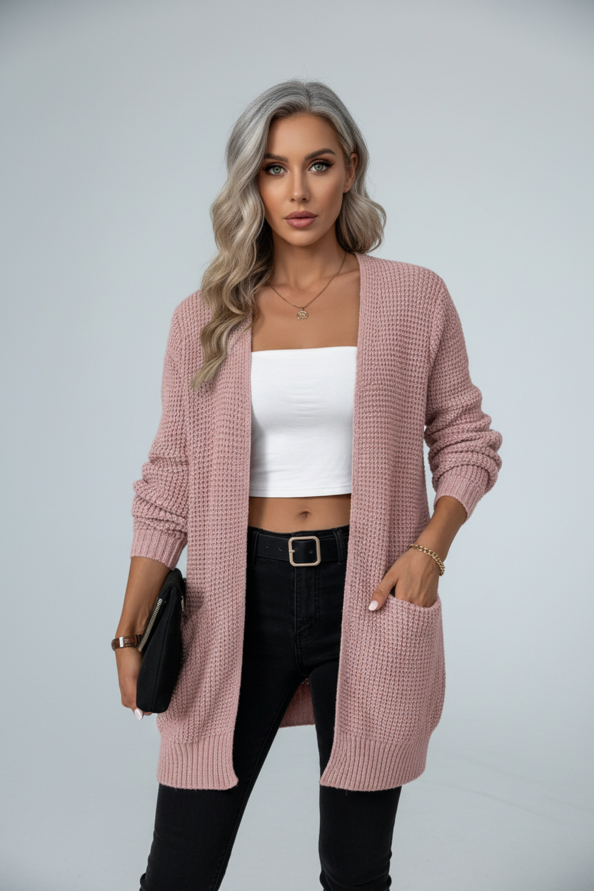 Arlona – Women’s Waffle Knit Open Front Cardigan with Pockets