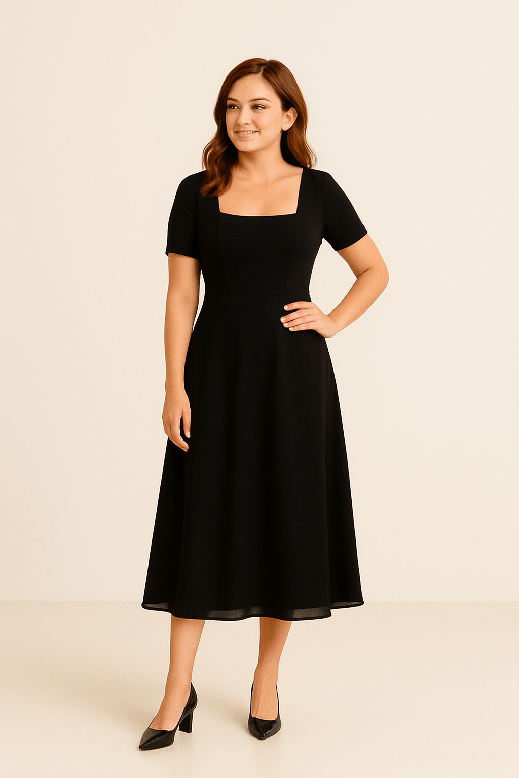 Branna – Square Neck A-Line Midi Dress with Gathered Waist