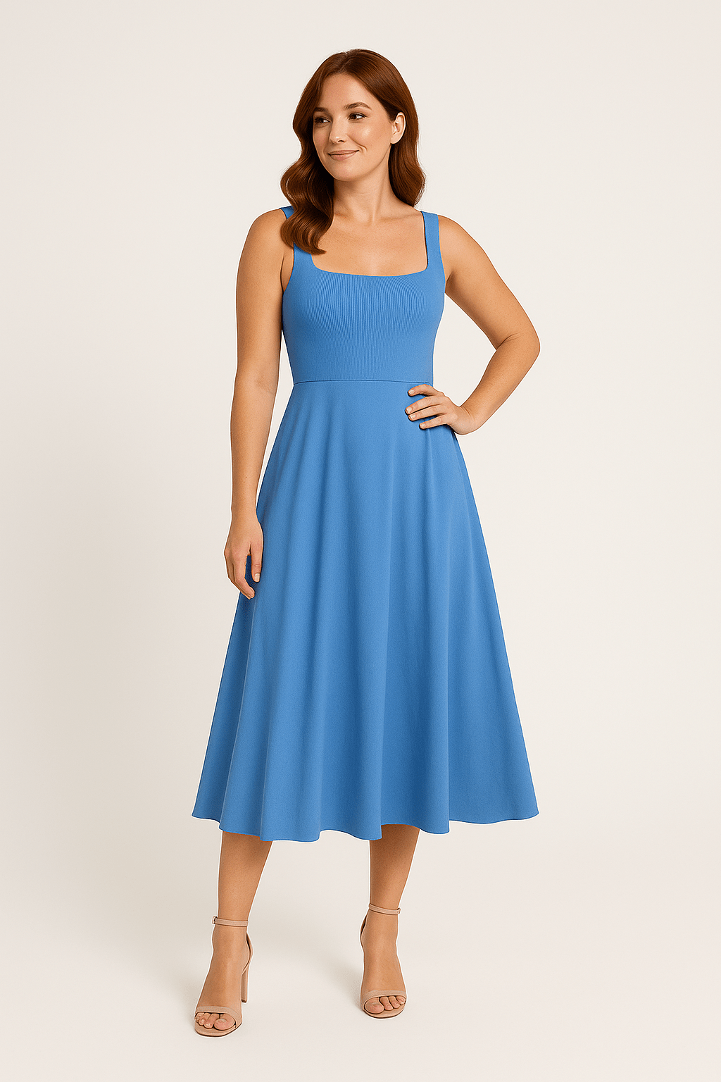 Branna – Square Neck A-Line Midi Dress with Gathered Waist