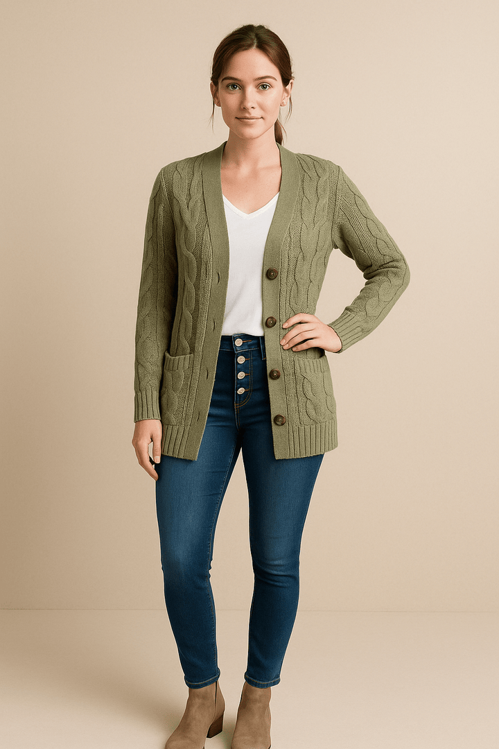 Ailani – Women’s Chunky Cable Knit Wool Blend Cardigan with Button Front