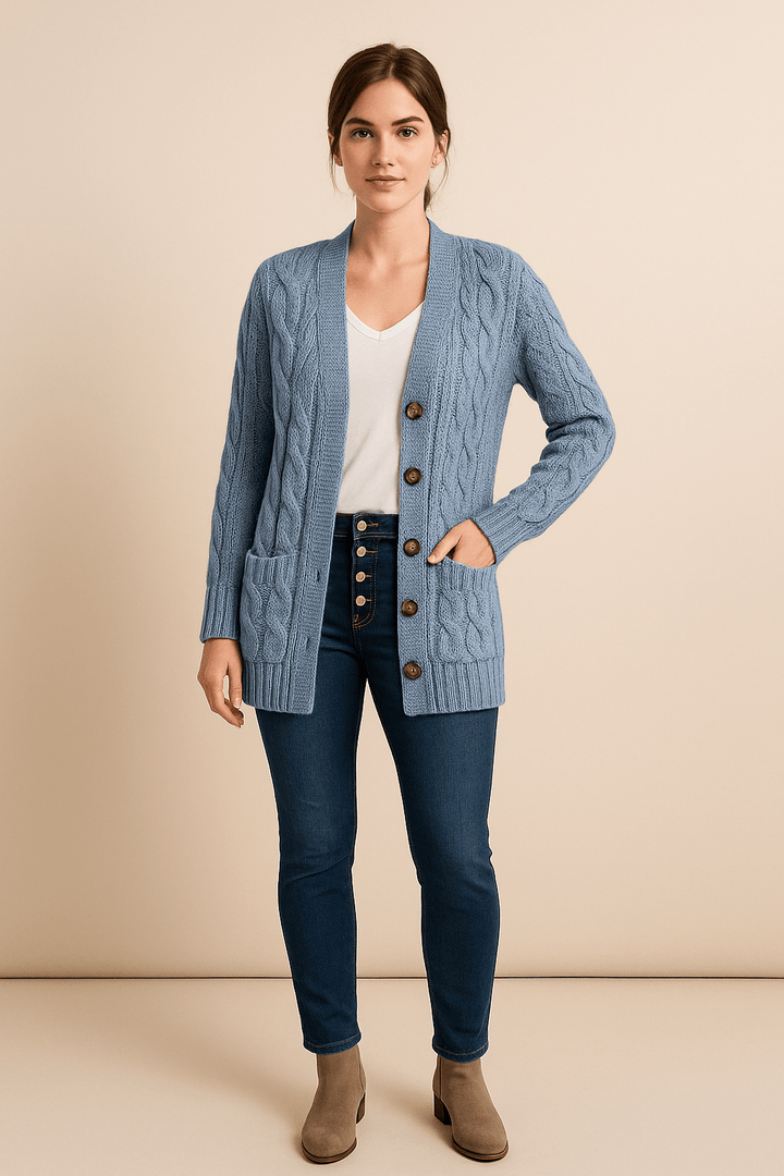 Ailani – Women’s Chunky Cable Knit Wool Blend Cardigan with Button Front
