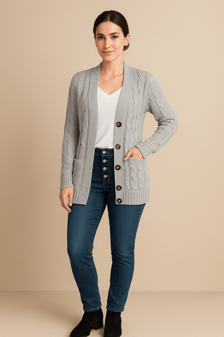 Ailani – Women’s Chunky Cable Knit Wool Blend Cardigan with Button Front