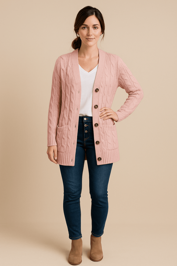 Ailani – Women’s Chunky Cable Knit Wool Blend Cardigan with Button Front