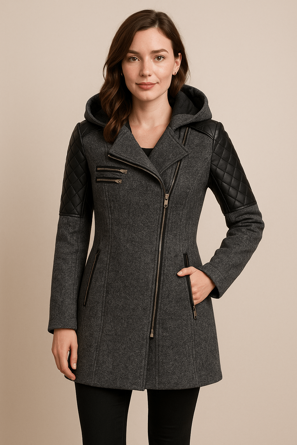 Annabel – Women’s Tailored Jacket with Quilted Sleeves & Asymmetrical Zip Hooded Design