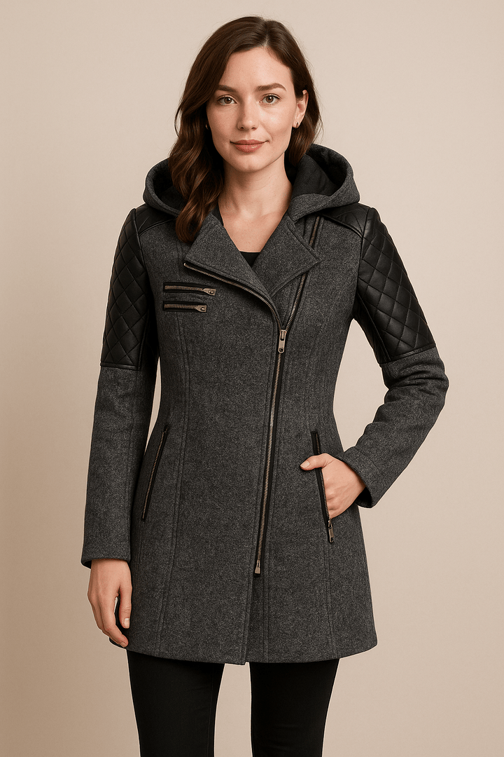 Annabel – Women’s Tailored Jacket with Quilted Sleeves & Asymmetrical Zip Hooded Design