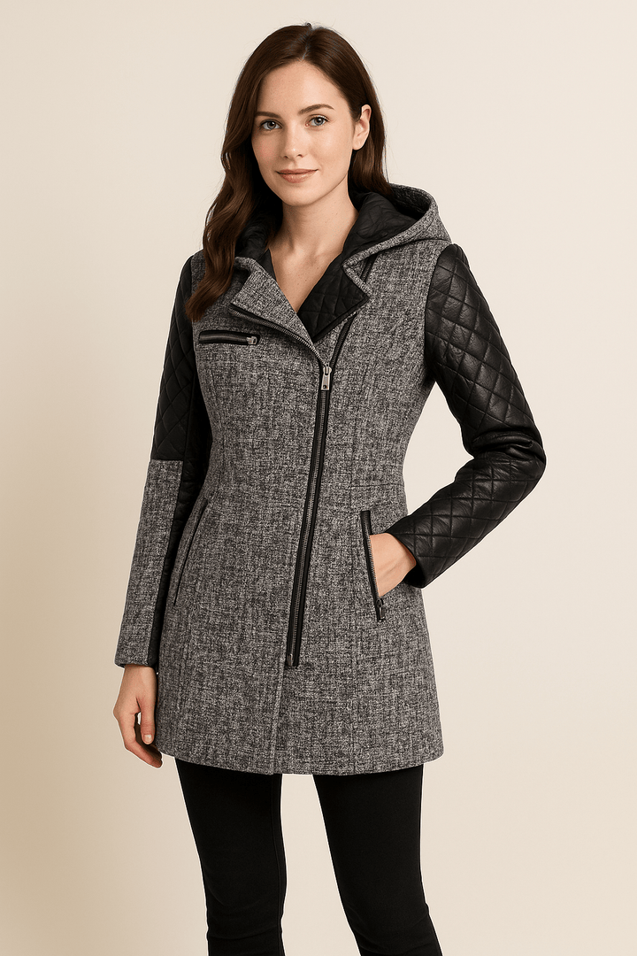 Annabel – Women’s Tailored Jacket with Quilted Sleeves & Asymmetrical Zip Hooded Design